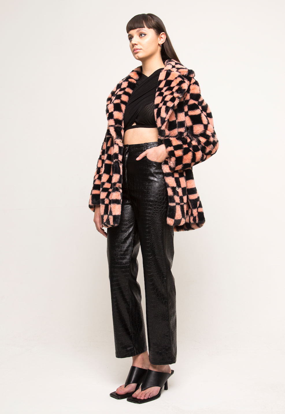 HENDRIX FAUX FUR COAT WAVY CHECKERBOARD PEACH