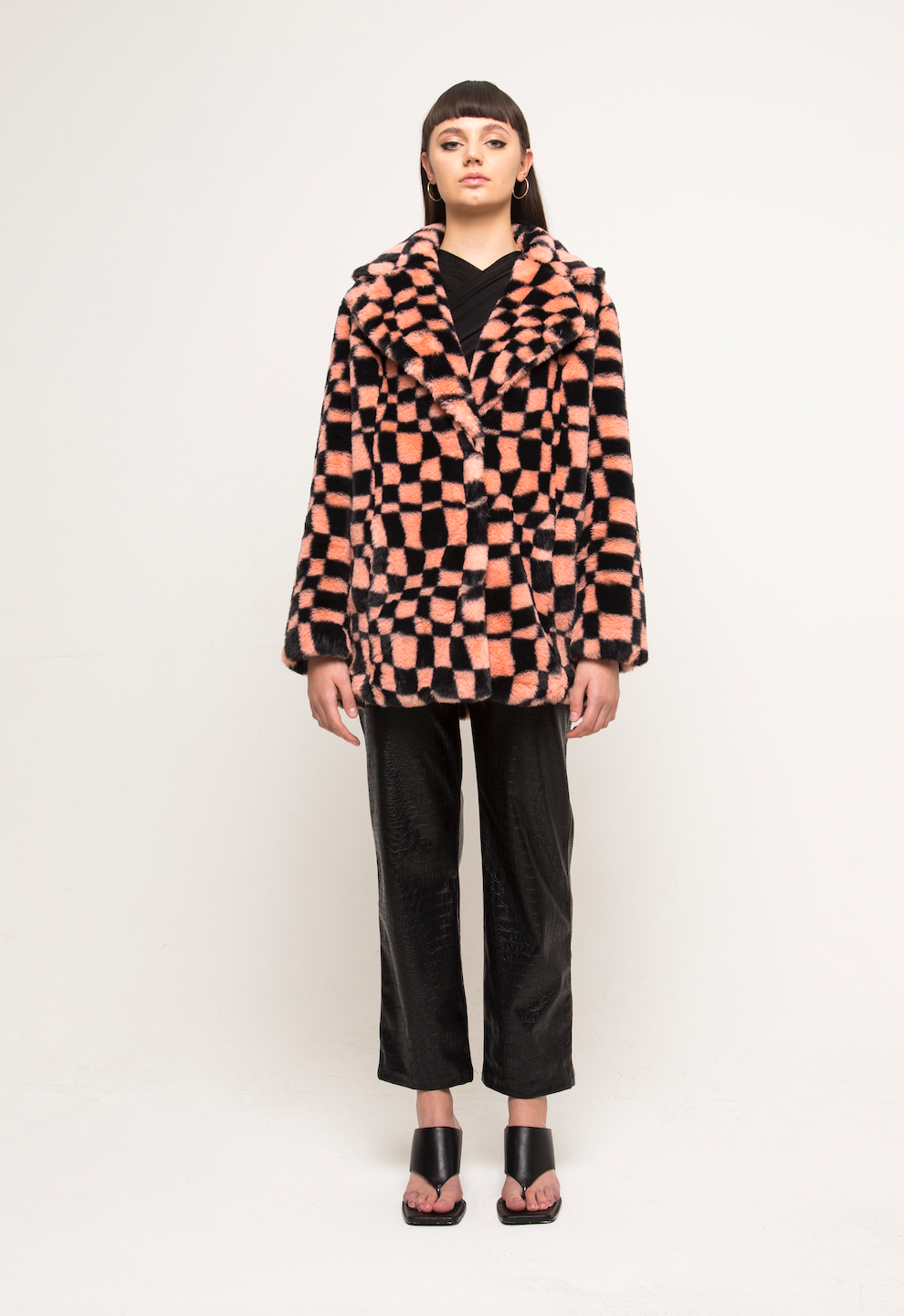 HENDRIX FAUX FUR COAT WAVY CHECKERBOARD PEACH